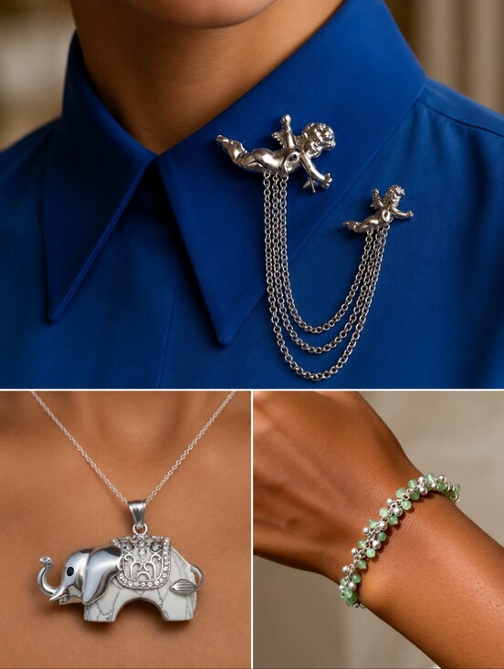 three piece mixed jewelry set Jewelry - Silver-Tone Jewelry Bundle Vintage Chatelaine Brooch Elephant Charm & Bracelet